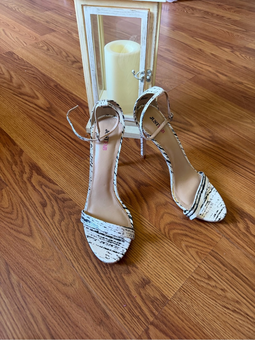 Shoes JustFab Black & White Textured Open-Toe Ankle-Strap Heels